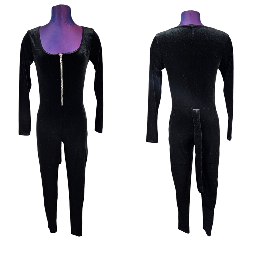 Spirit Halloween Black Cat Costume Velvet Bodycon Jumpsuit Size Medium Women O81